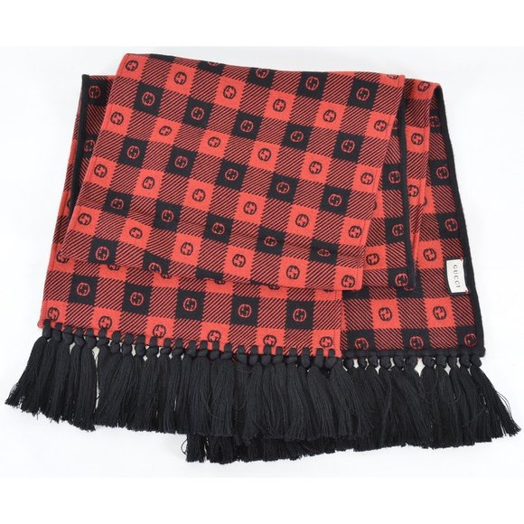 NEW Gucci 633990 Black Red Wool Interlocking GG LEISURE Scarf Muffler - Picture 1 of 10